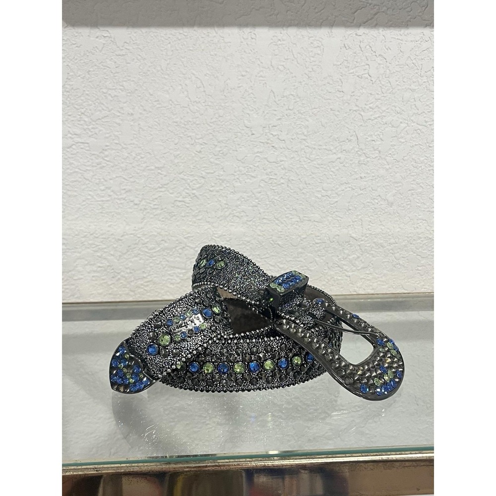 Vintage B.B. Simon Black Leather 'Lime Galaxy' Rhinestone Y2K Belt Size 36